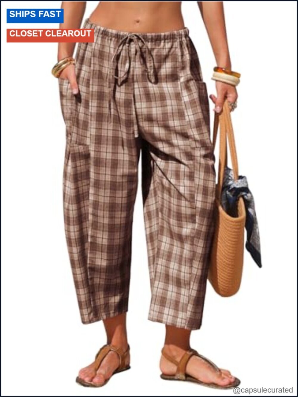 Cotton Faux Linen Gingham Barrel Capri Pants Palazzo Harem Pockets Summer Beach